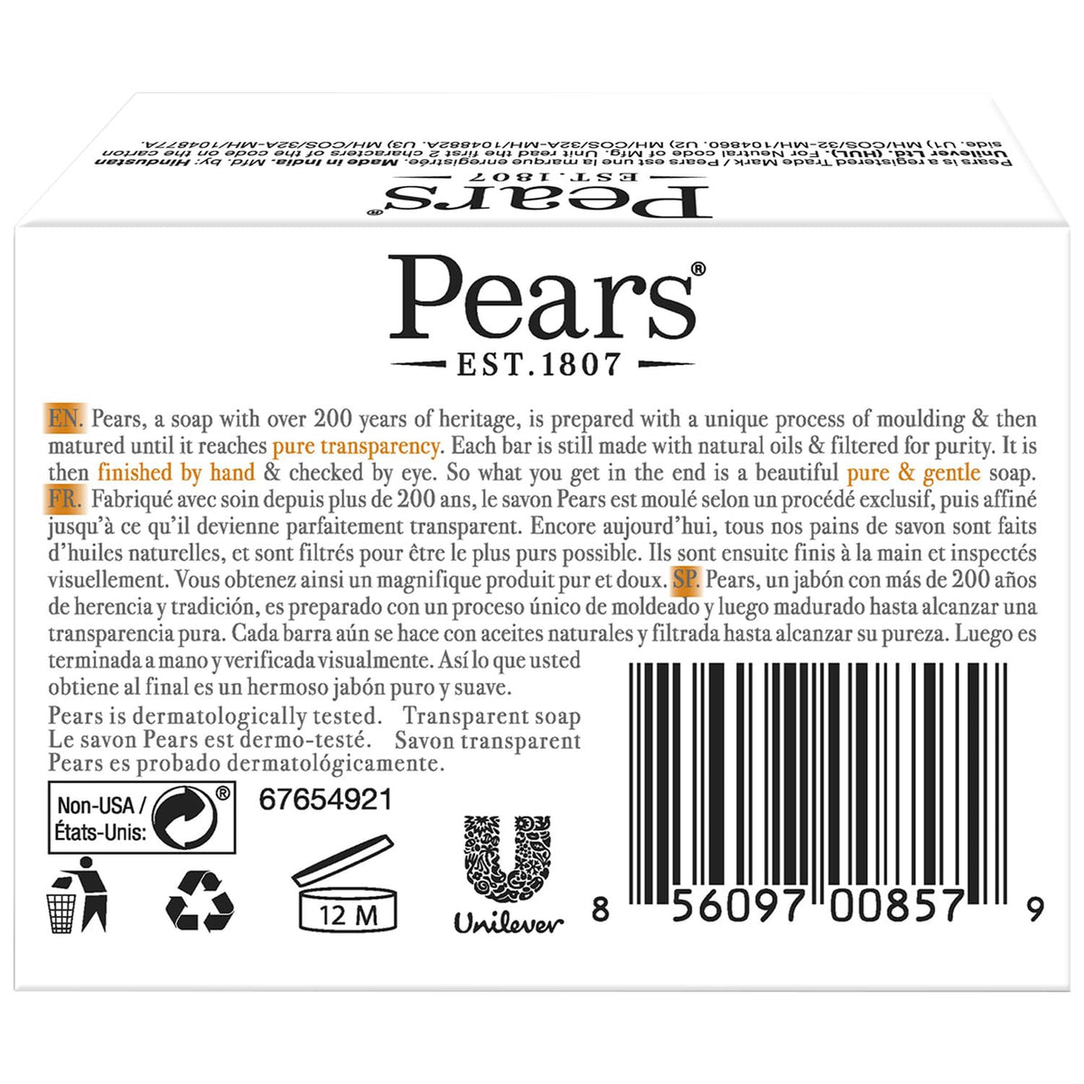 PEARS Glycerin Soap, Transparent Amber with Natural Oils, 6-Pack – Pure & Gentle Cleanser for Soft
