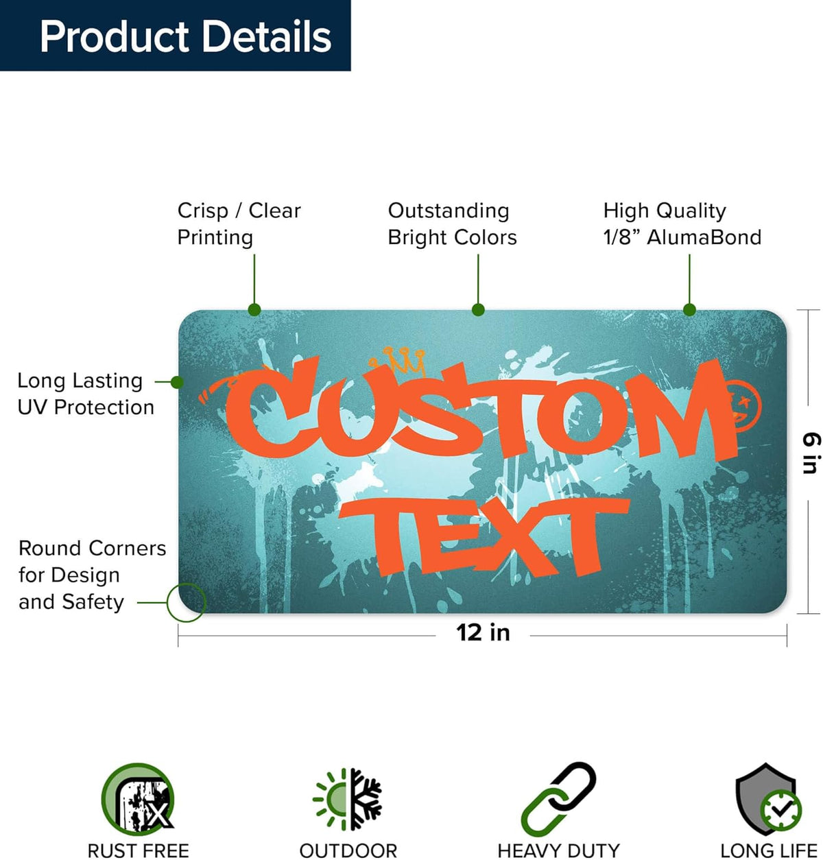 Custom Sign, Custom Street Sign, 11 Font Colors, 13 Font Styles, 4 Hole Options, 22 Sizes, 6x12