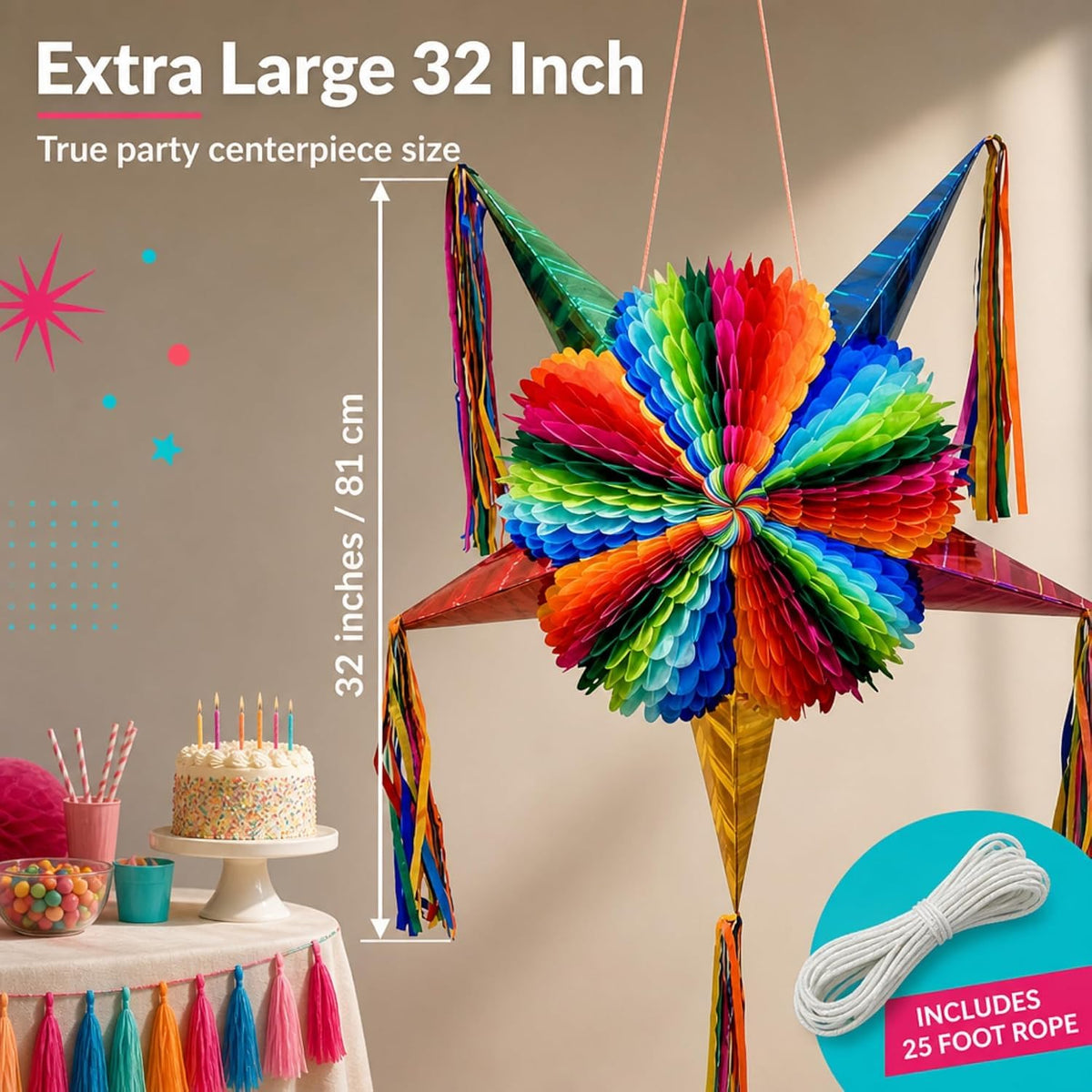 Mexican Piñata – 32-Inch Dopamine Brights Large Pinata, Folded, 25-ft Rope