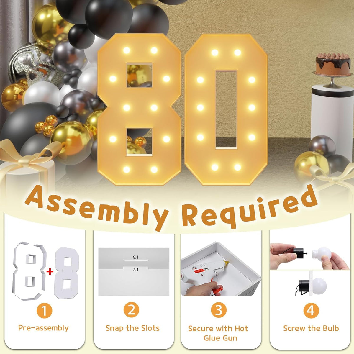 imprsv 4FT Light Up Numbers, Marquee Numbers 80th Birthday Decorations for Women Men, Large Light