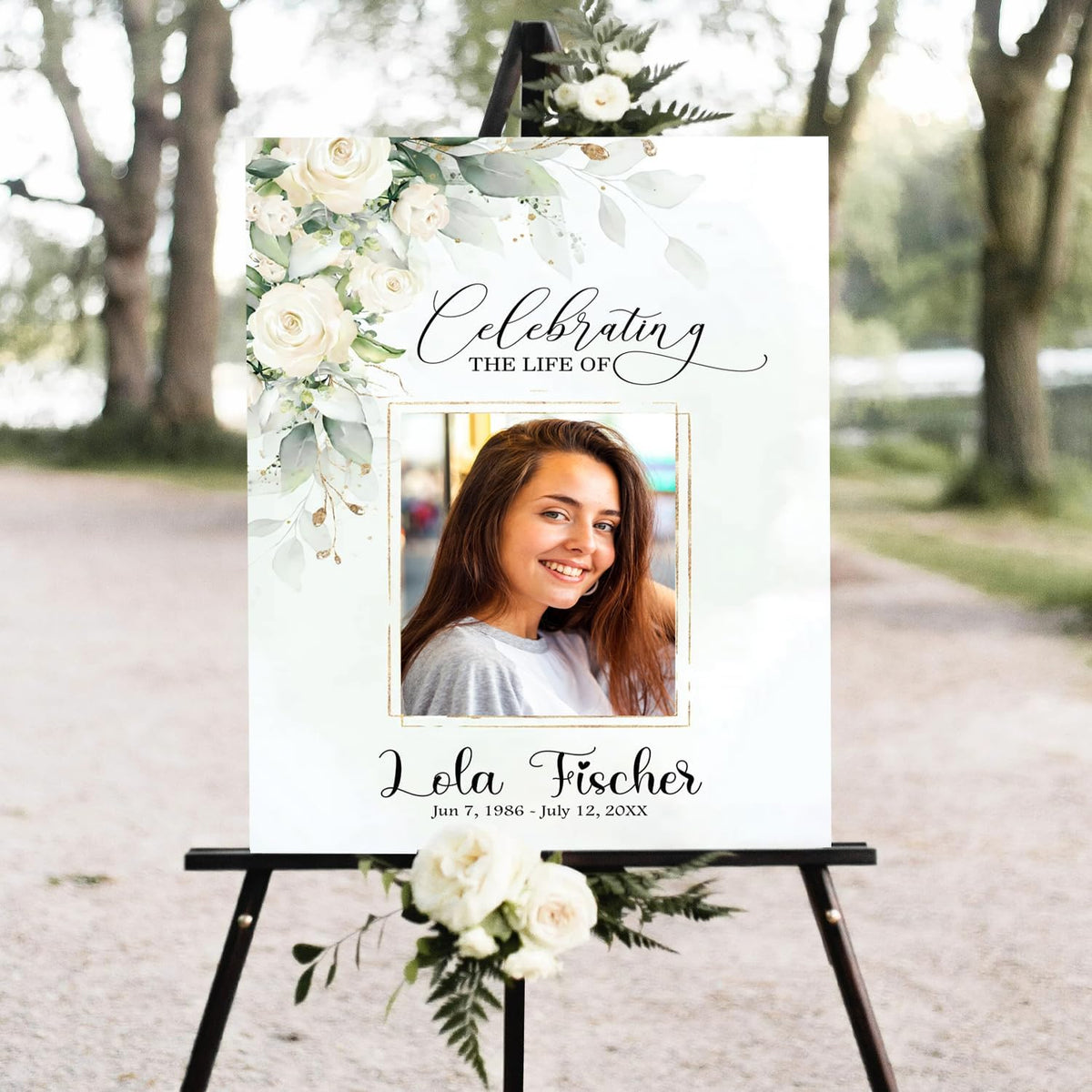 Funeral Welcome Sign with Photo, White Greenery Funeral Welcome Sign, Celebration of Life