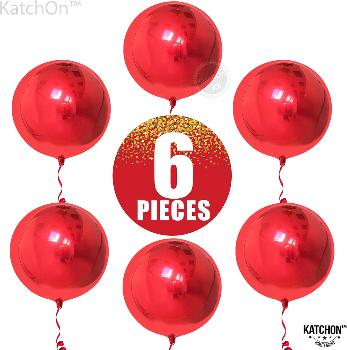KatchOn, Red Foil Balloons - Big 22 Inch, Pack of 6 | 4D Sphere Metallic Red Balloons for Happy
