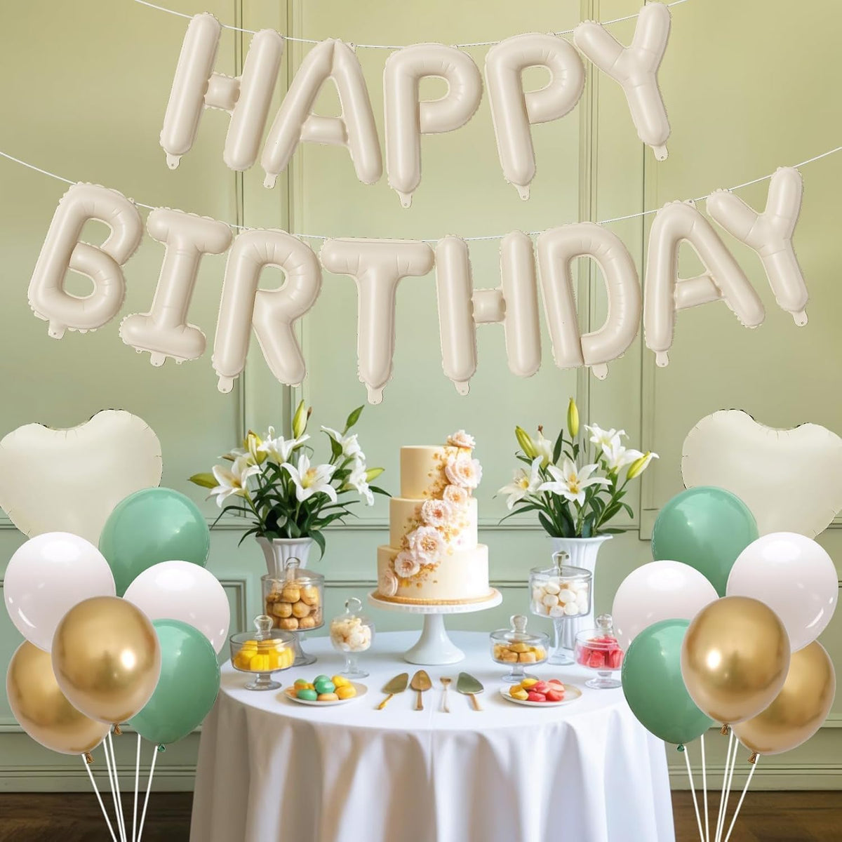 Happy Birthday Balloon Banner Cream Green, 16 Inch Beige Mylar Letters Heart Foil Balloons Sage