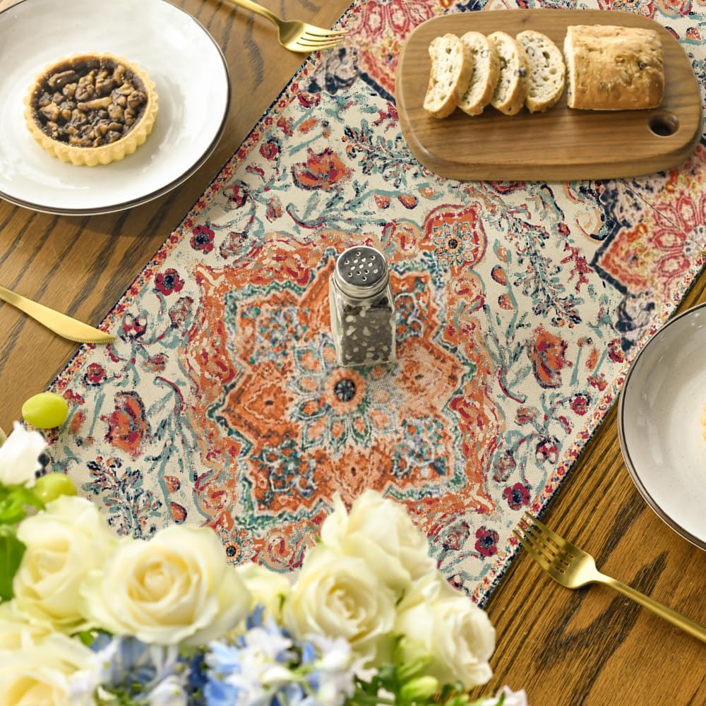 Artoid Mode Boho Bohemia Style Orange Table Runner, Country Rustic Farmhouse Magical Fall Kitchen