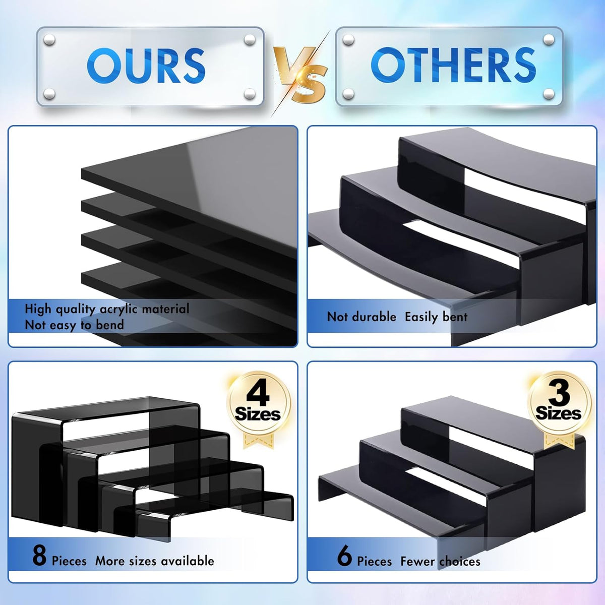 Aheroi Acrylic Risers, 8 Pcs 2 Set(7”L~8”L~9”L) Display Risers, Black Arylic Display Stands Acrylic