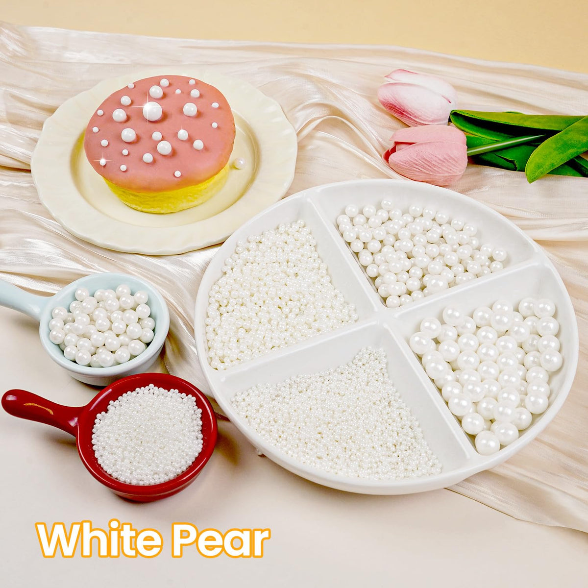 White Edible Sugar Pearl Sprinkles for Cake Decorating, Candy Pearls Sprinkles for Cupcake, Cookie
