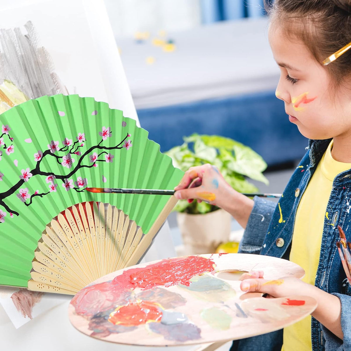80 Pieces Paper Hand Fan and Organza Hand Fan Bags Bamboo Folded Hand Fan Paper Handheld Fans for