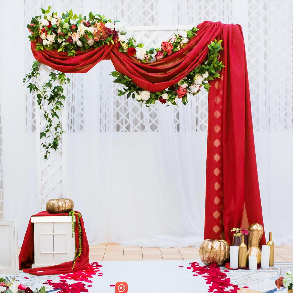 VOK Red Wedding Arch Draping Fabric Chiffon Fabric, 29in x 18Ft 2 Panels Sheer Chiffon Outdoor