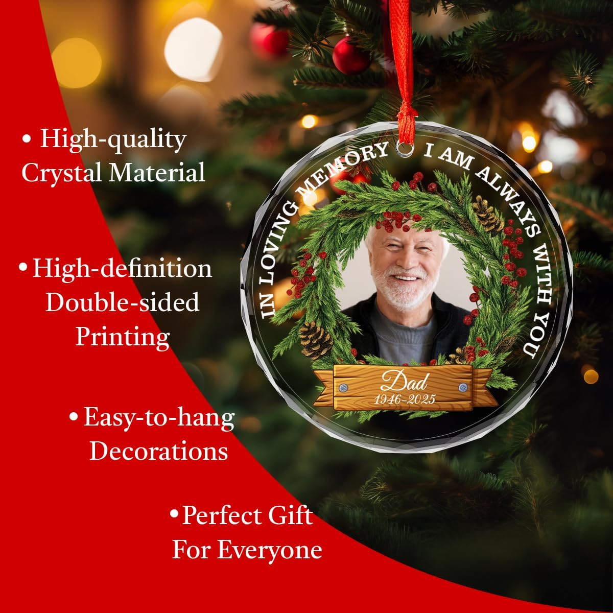Personalized Memorial Glass Ornament 2025 – I Am Always with You Ornament, Custom Photo Memorial