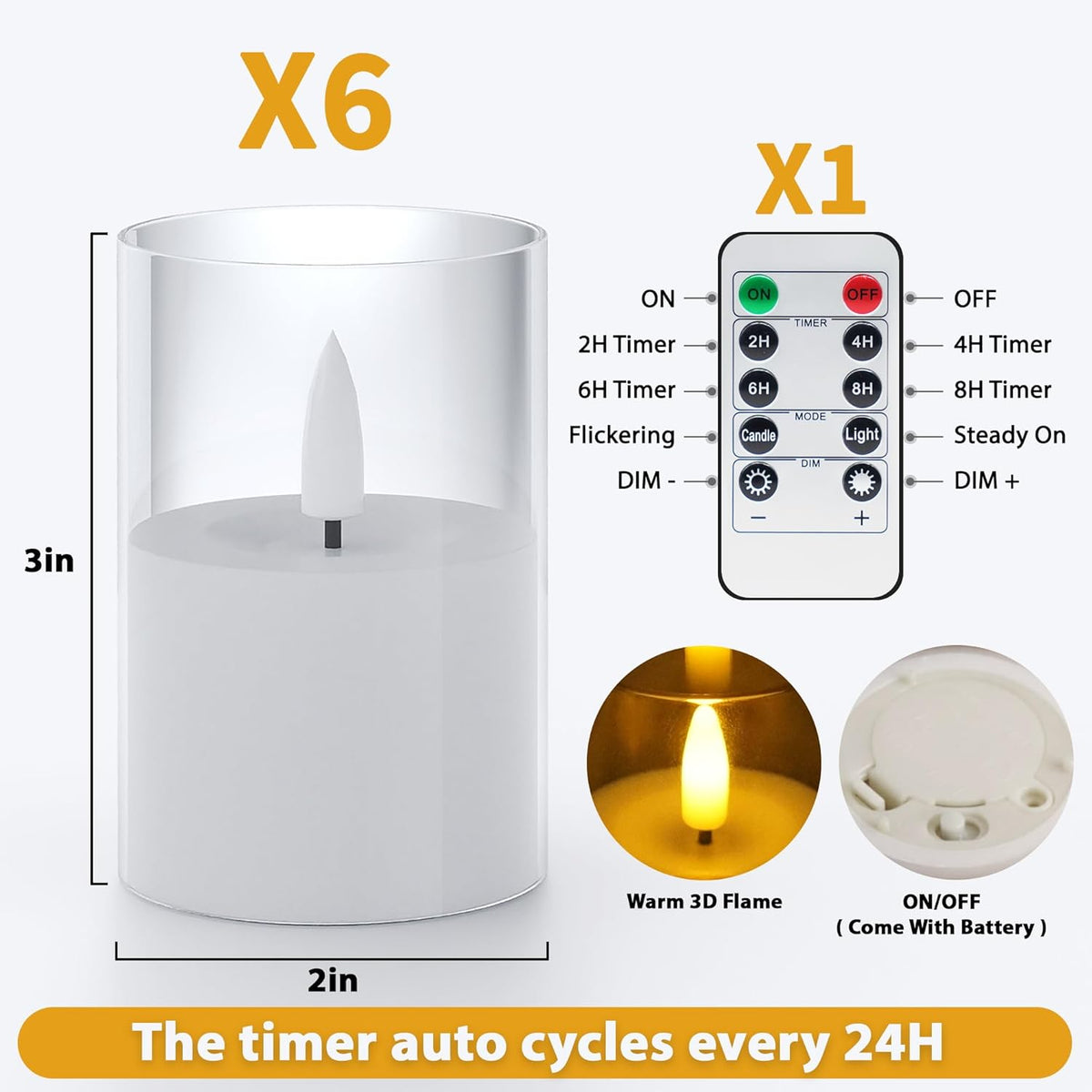 6Pack Flickering Flameless LED Candles with Remote & Timer, Battery Powered - Small Pillar &