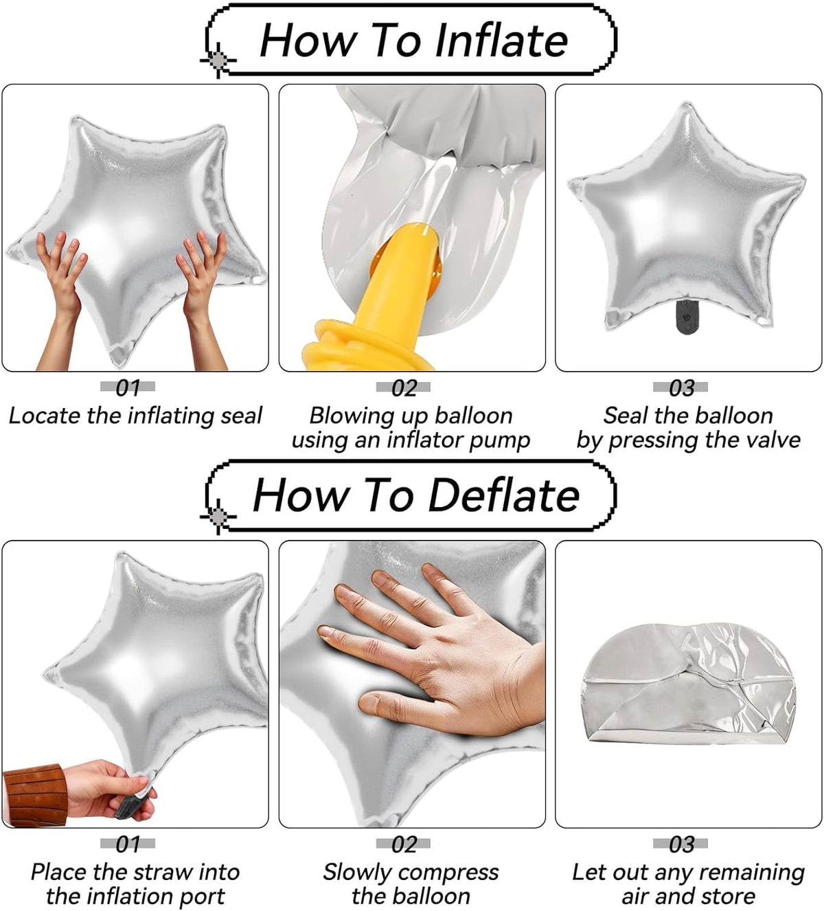 16 Pcs Silver Star Balloons, 22/18/10 Inch Foil Balloons, Four-Pointed Large Balloon for Kids