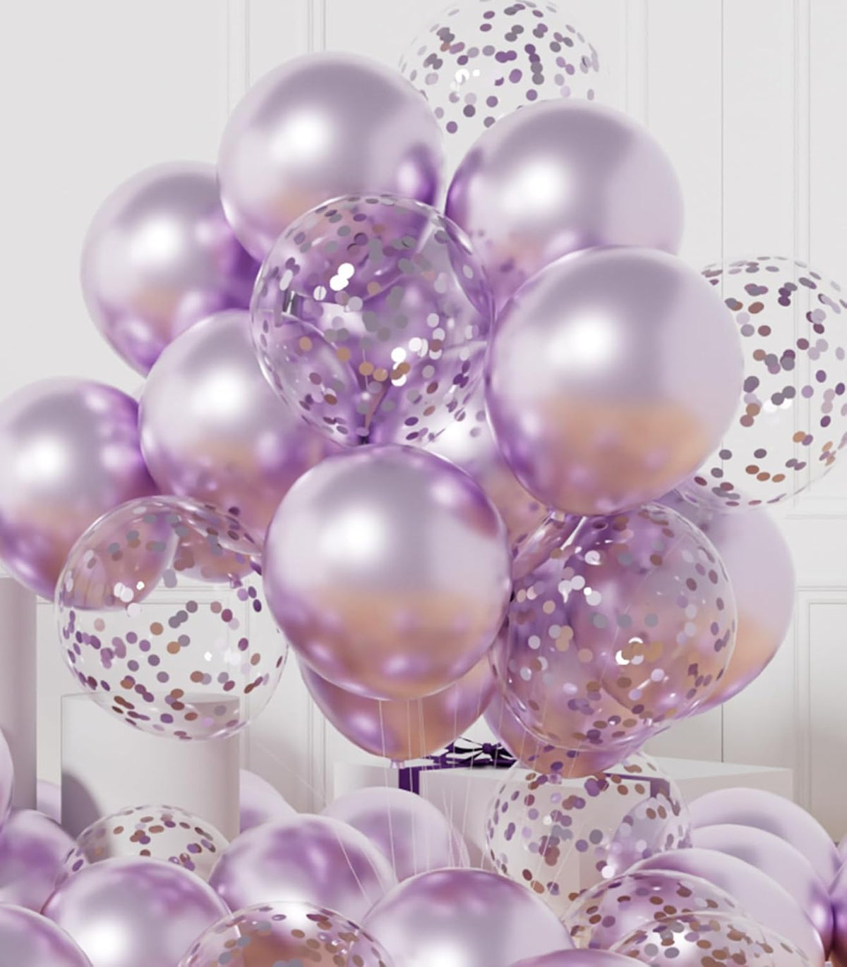 AULE Party Balloons Pack of 42 - Metallic Lavender Balloons and Confetti Latex Helium Balloons With