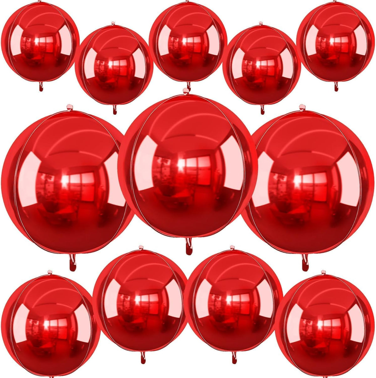 12Pcs Red Round Foil Balloons, 22" 15" 10" 4D Ball Balloons, Metallic Red Foil Balloon for Wedding
