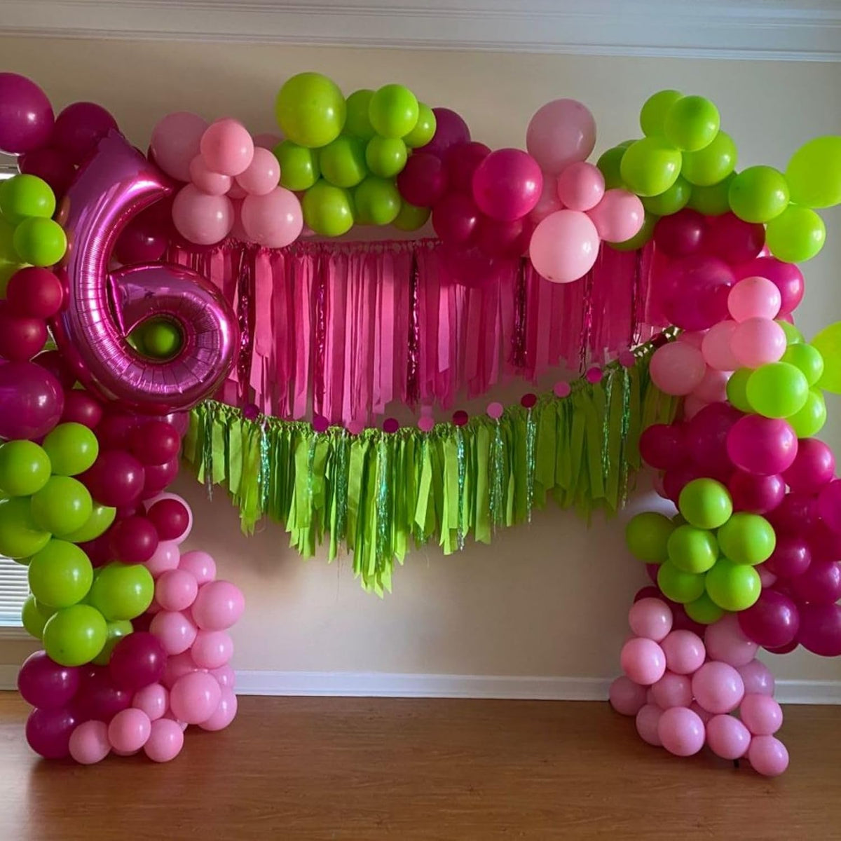 Paready Tropical Party Green Pink Balloons, 60 Pcs 12 Inch Green Hot Pink Rose Gold Confetti