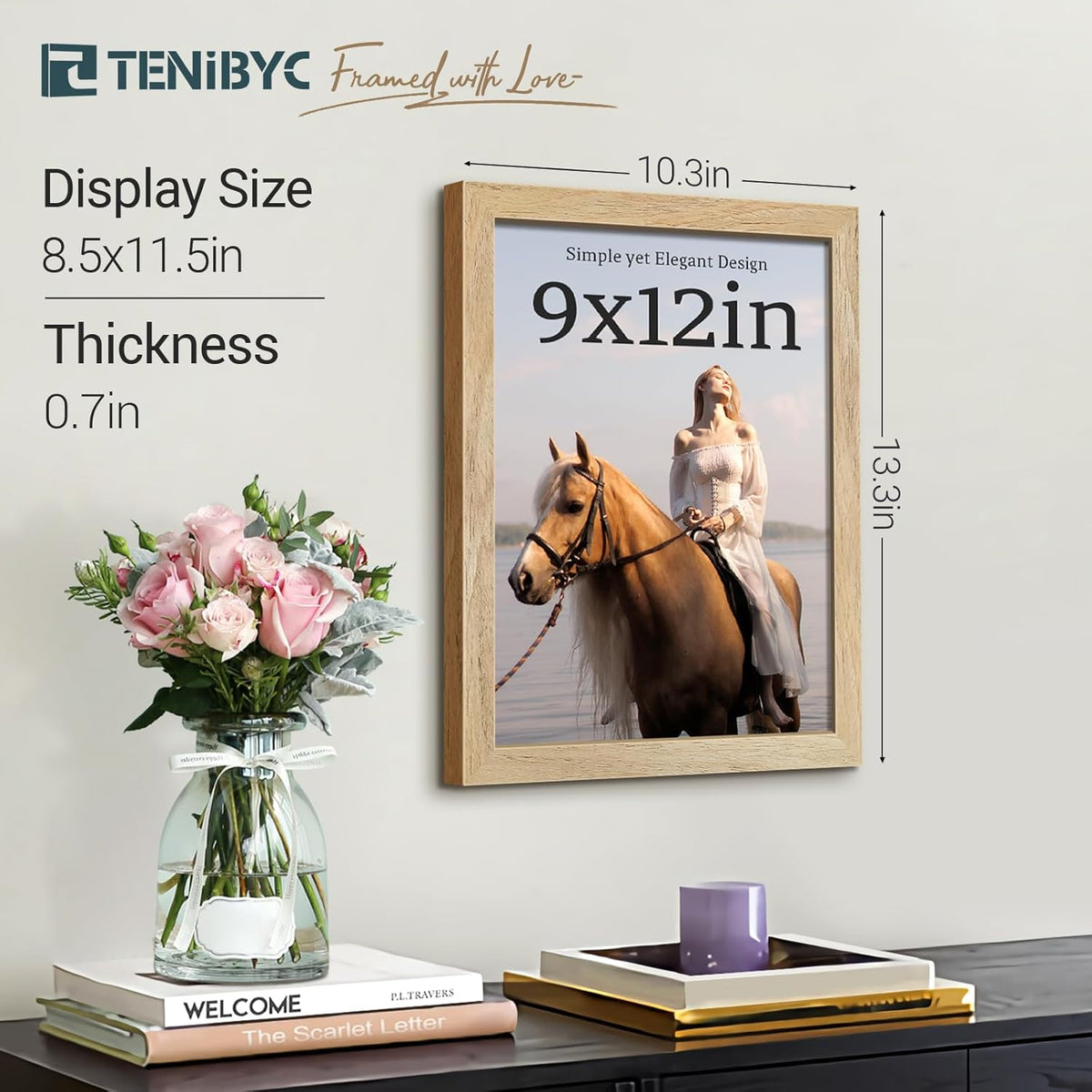 9x12 Frame 4 Pack - Natural Woodgrain, 9 x 12 Picture Frame with HD Tempered Glass, able or Wall
