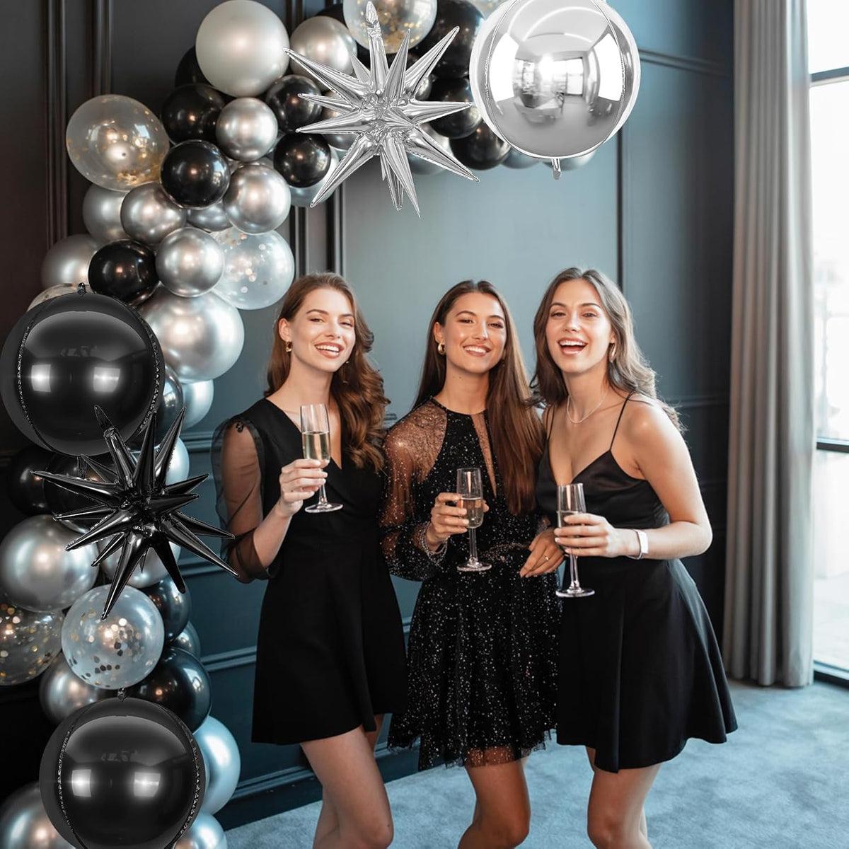 6Pcs Black Silver Foil Balloons,22Inch Black Silver 4D Round Ball Balloon and Explosion Star