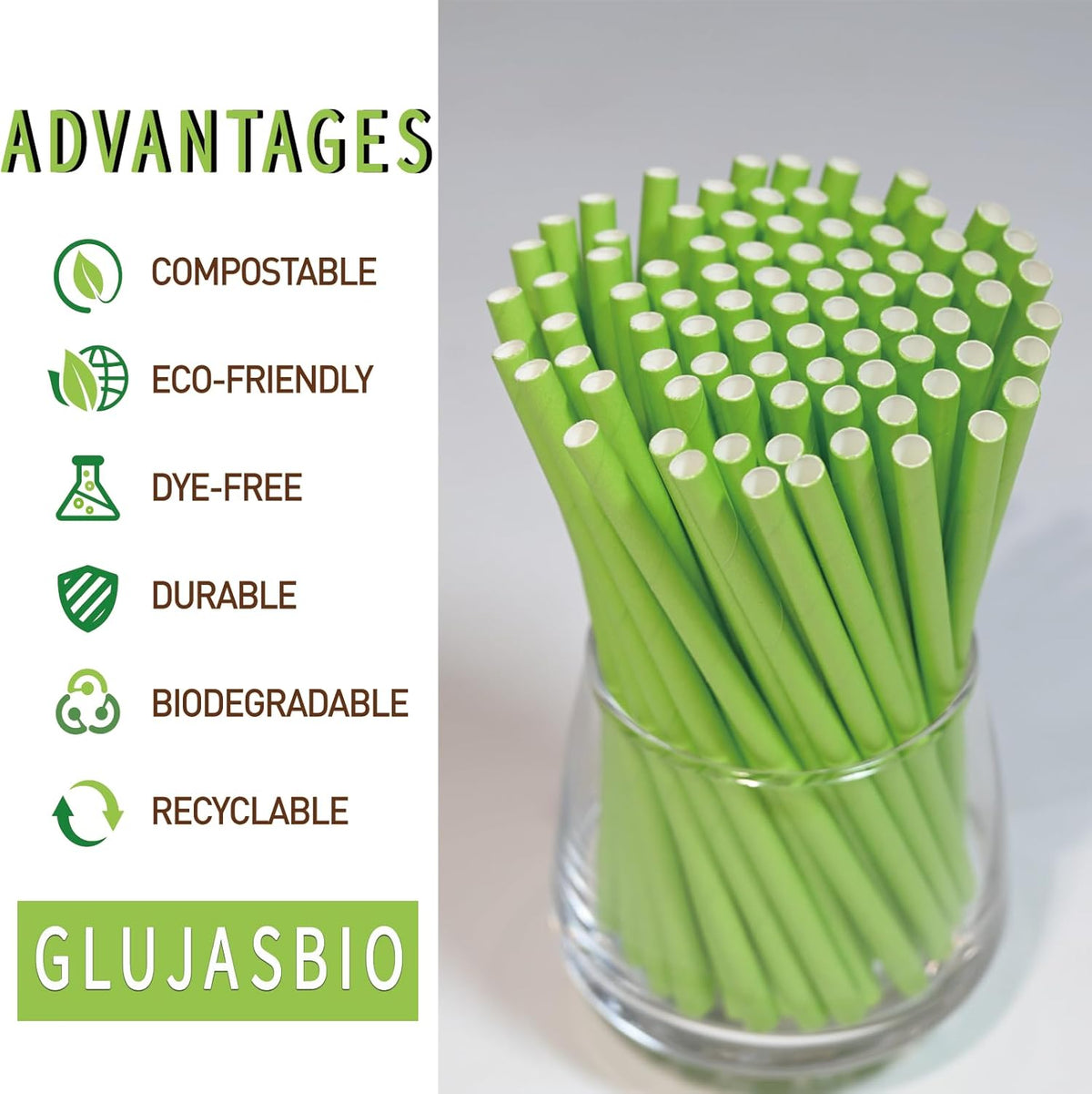 5.75 Inch Biodegradable Green Straws - Short Paper Cocktail Straws for Drinking Party Bar