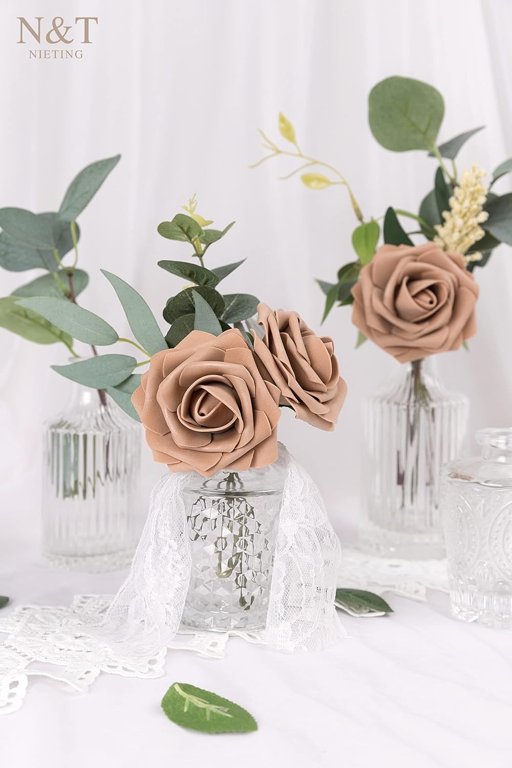 N&T NIETING Brown Roses Artificial Flowers, 25pcs Fake Flowers Bulk Perfect for DIY Fall Wedding