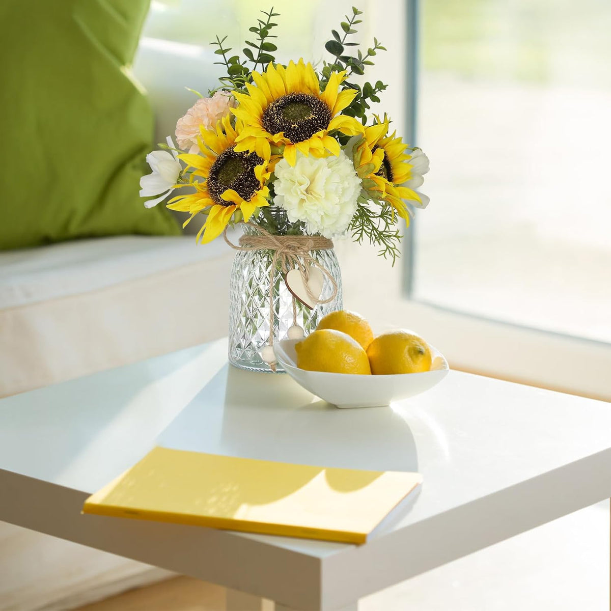 Artificial Sunflower Bouquets - Silk Fake Flowers with Vase, Centerpieces for Dining Room and