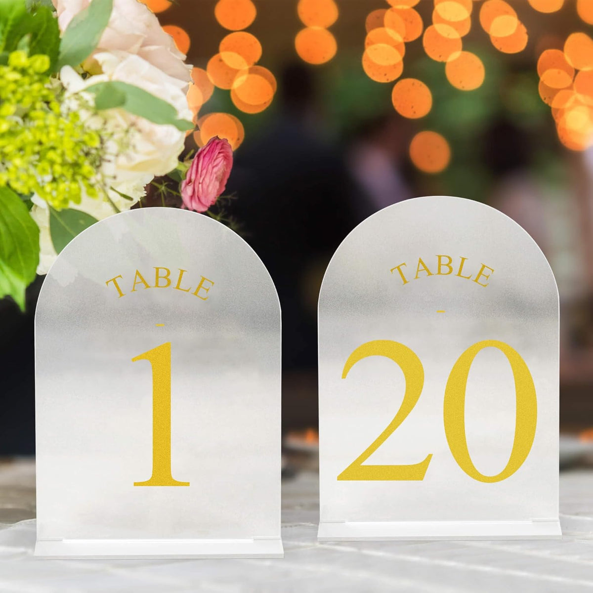 JOYIT Frosted Arch Wedding Table Numbers 1-20 with Stands – 5" X 7" Acrylic Gold Table Number