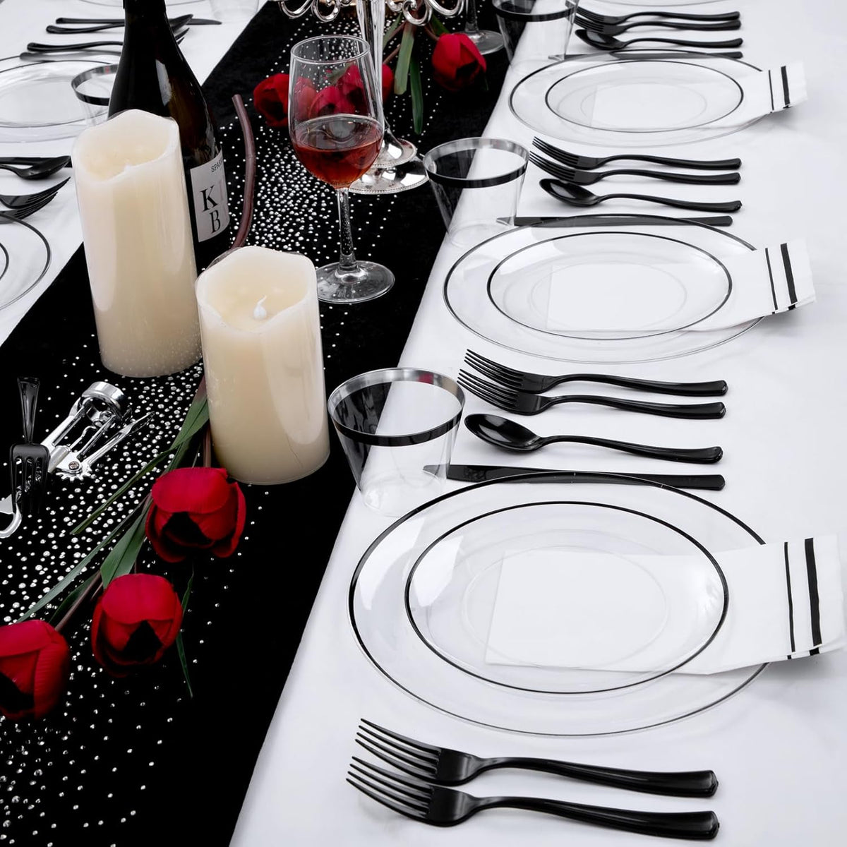 NOCCUR 350PCS Clear and Black Plastic Plates - Disposable Dinnerware Set for 50 Guests Include 100