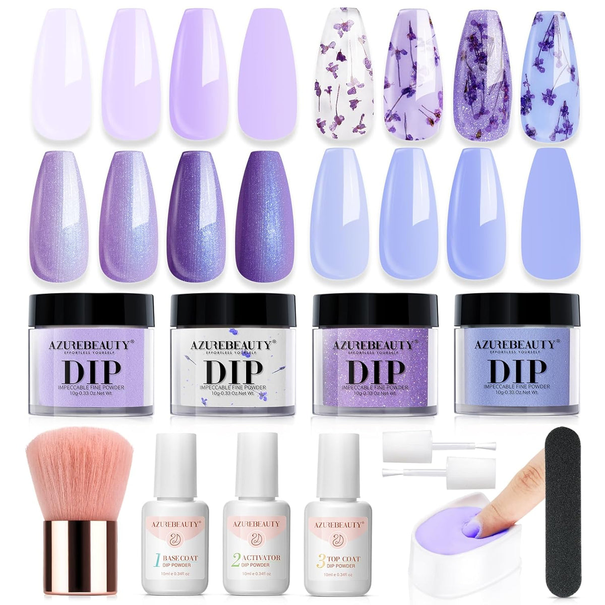 AZUREBEAUTY Purple Twilight Bloom Dip Powder Nail Kit Starter with Base, Top Coat, Activator