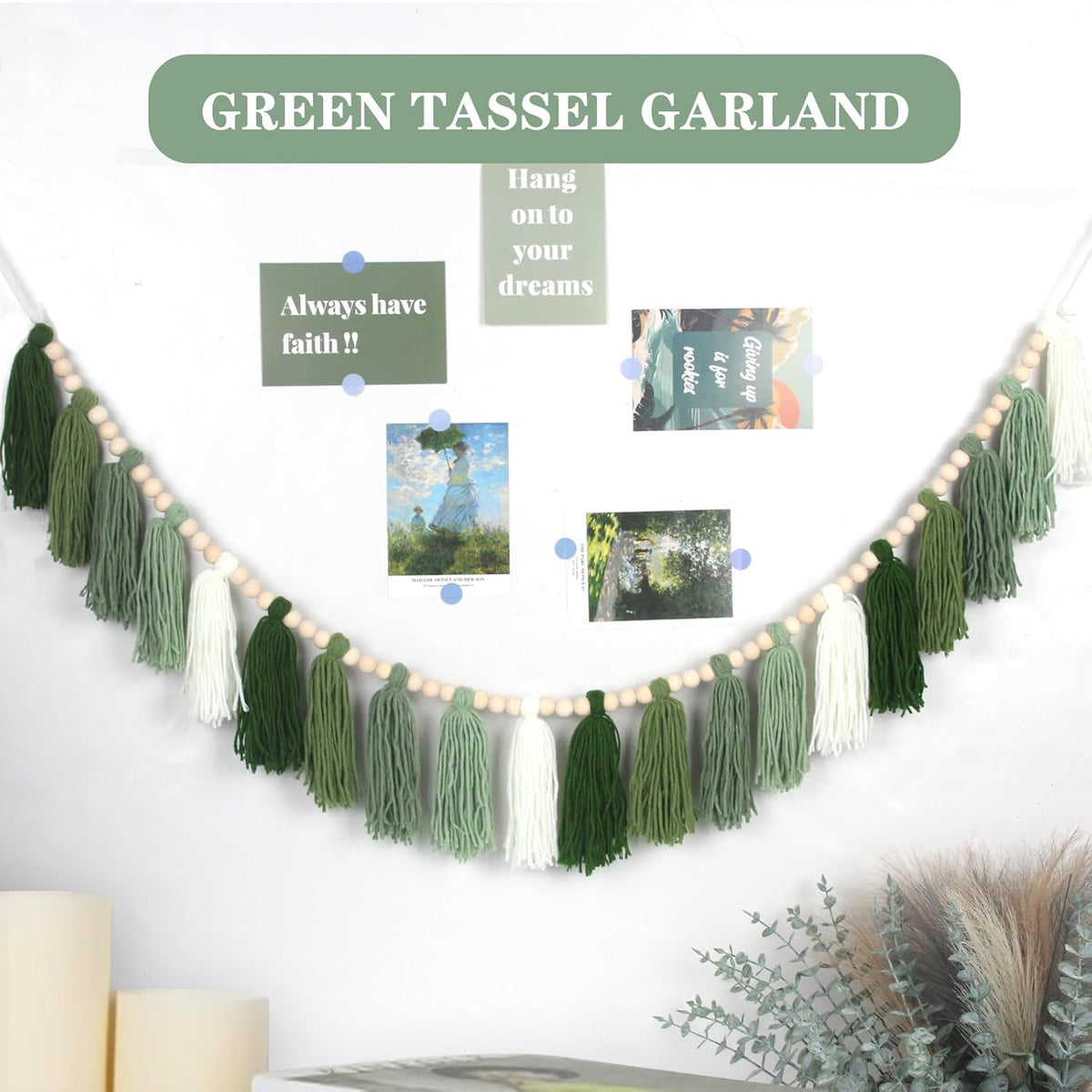 Green Boho Yarn Tassel Garland Sage Green Garland Wall Hanging Decor Forest Woodland Tassel Banner