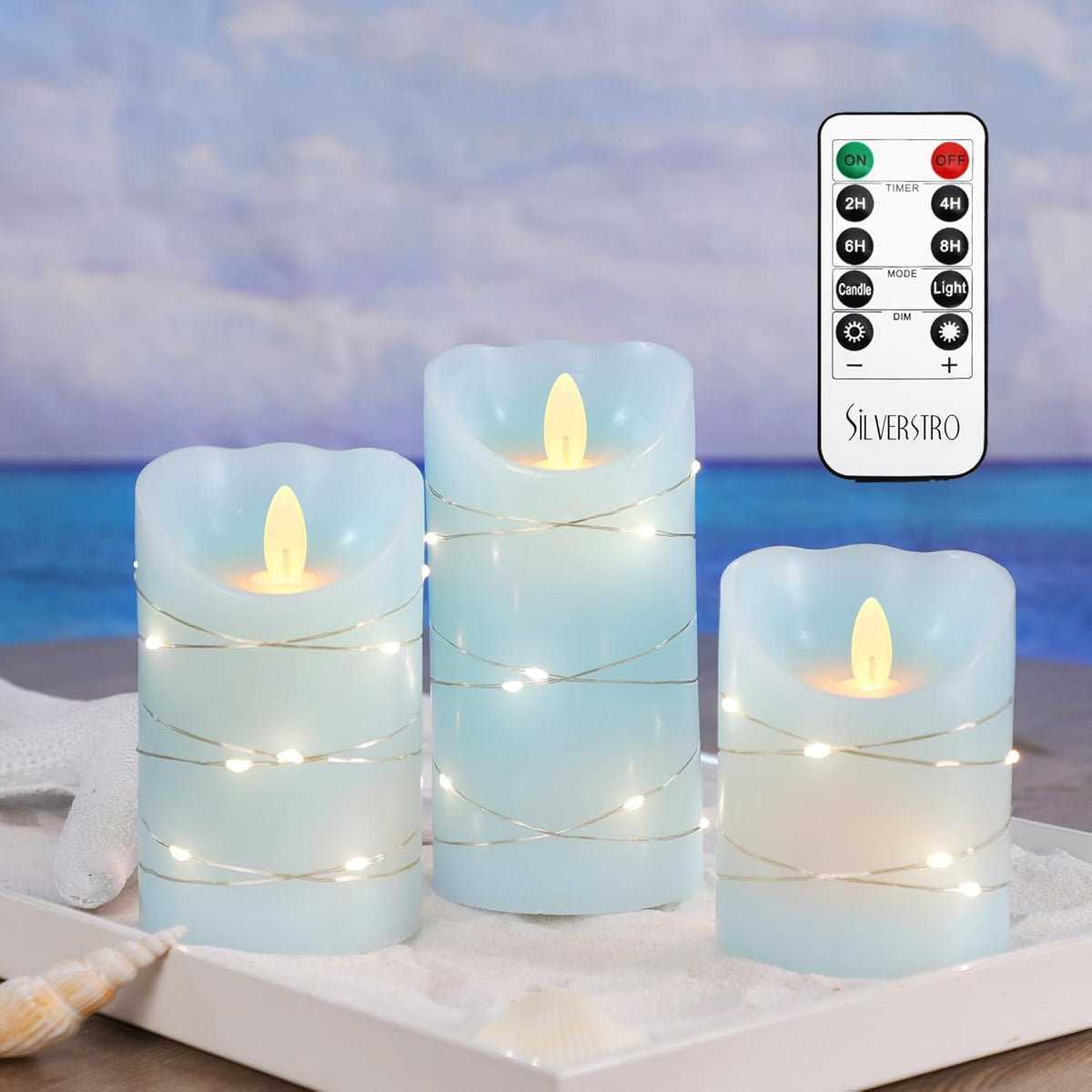 Silverstro Nautical Flameless Candles with String Lights Flickering Blue Battery Operated Candles
