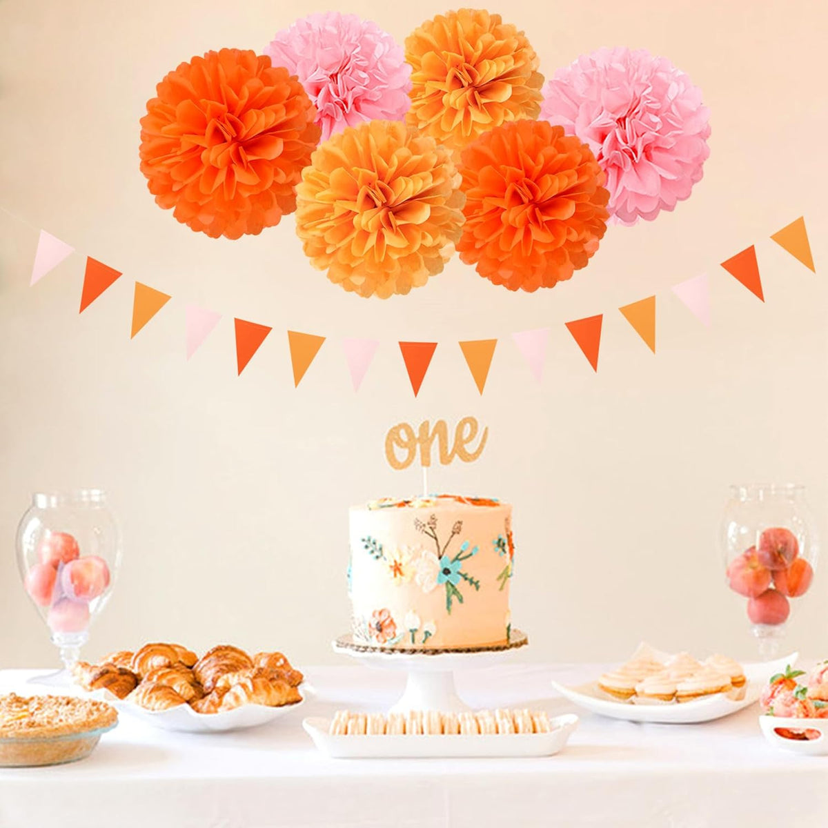 Pink-Orange Groovy Party-Decorations Pom-Poms Streamers - 23pcs Fall Autumn Thanksgiving Harvest