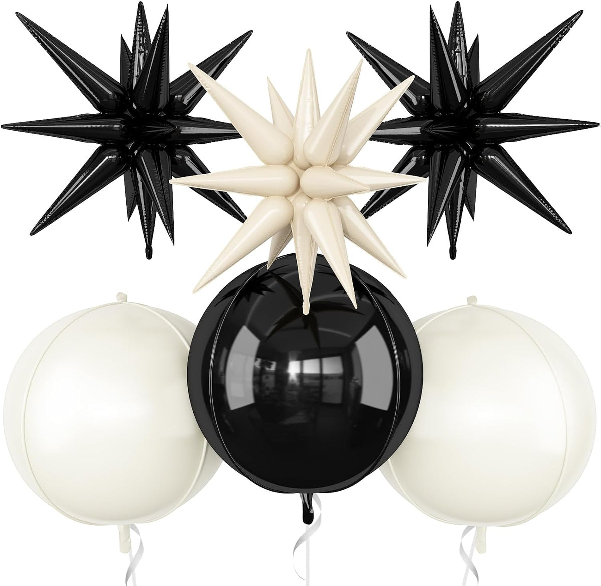 6Pcs Black White Foil Balloons,22Inch Sand White Black 4D Round Ball Balloon and Explosion Star