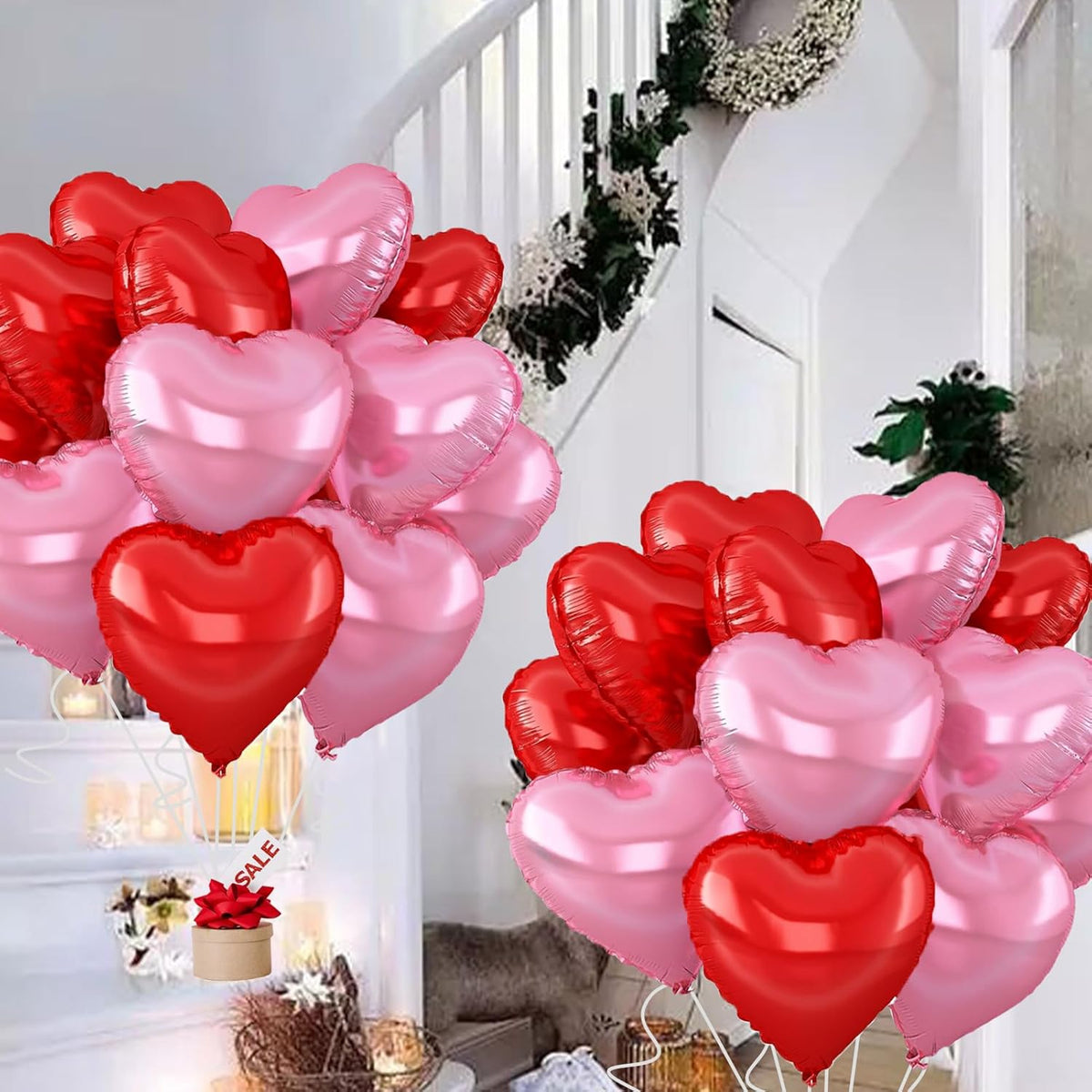 18inch Pink Heart Balloons,6Pcs Bright Pink Heart Shaped Foil Balloons & 6Pcs Red Helium Mylar