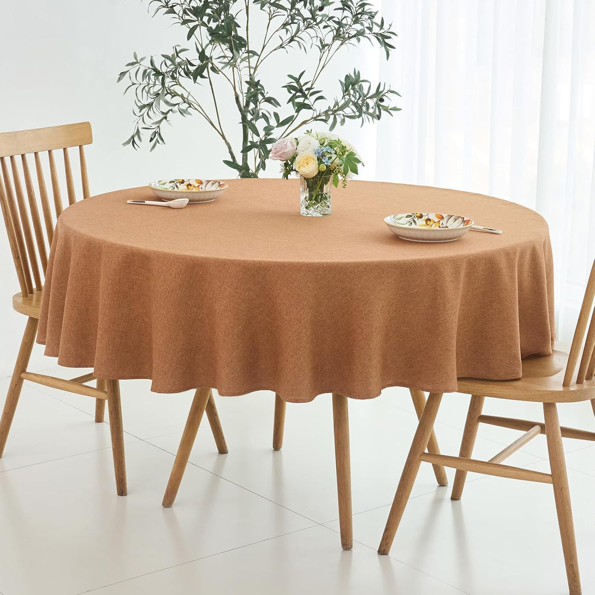 maxmill Fall Round Tablecloth Linen Texture Stain Resistant Waterproof Anti-Shrink Spillproof
