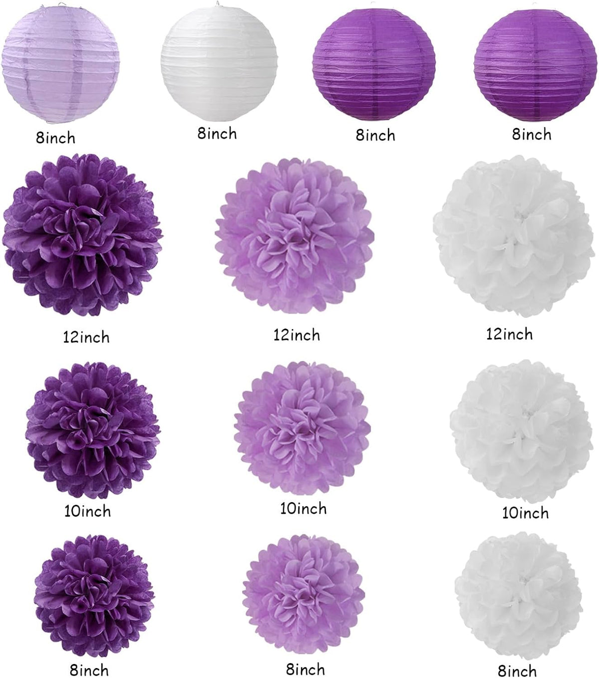 Lavender-Purple White Graduation Party Decorations - 20pcs Paper Lanterns Fans,Tissue Pom