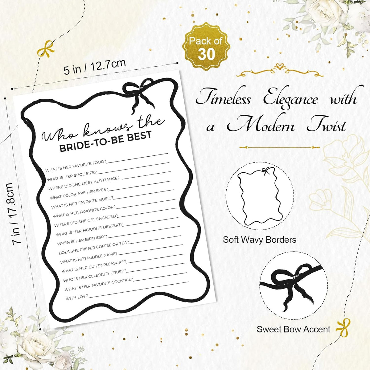 DEEKA 30 PCS Bridal Shower Games Card for 30 Guests Black Wavy Border Ribbon Bow Funny Wedding