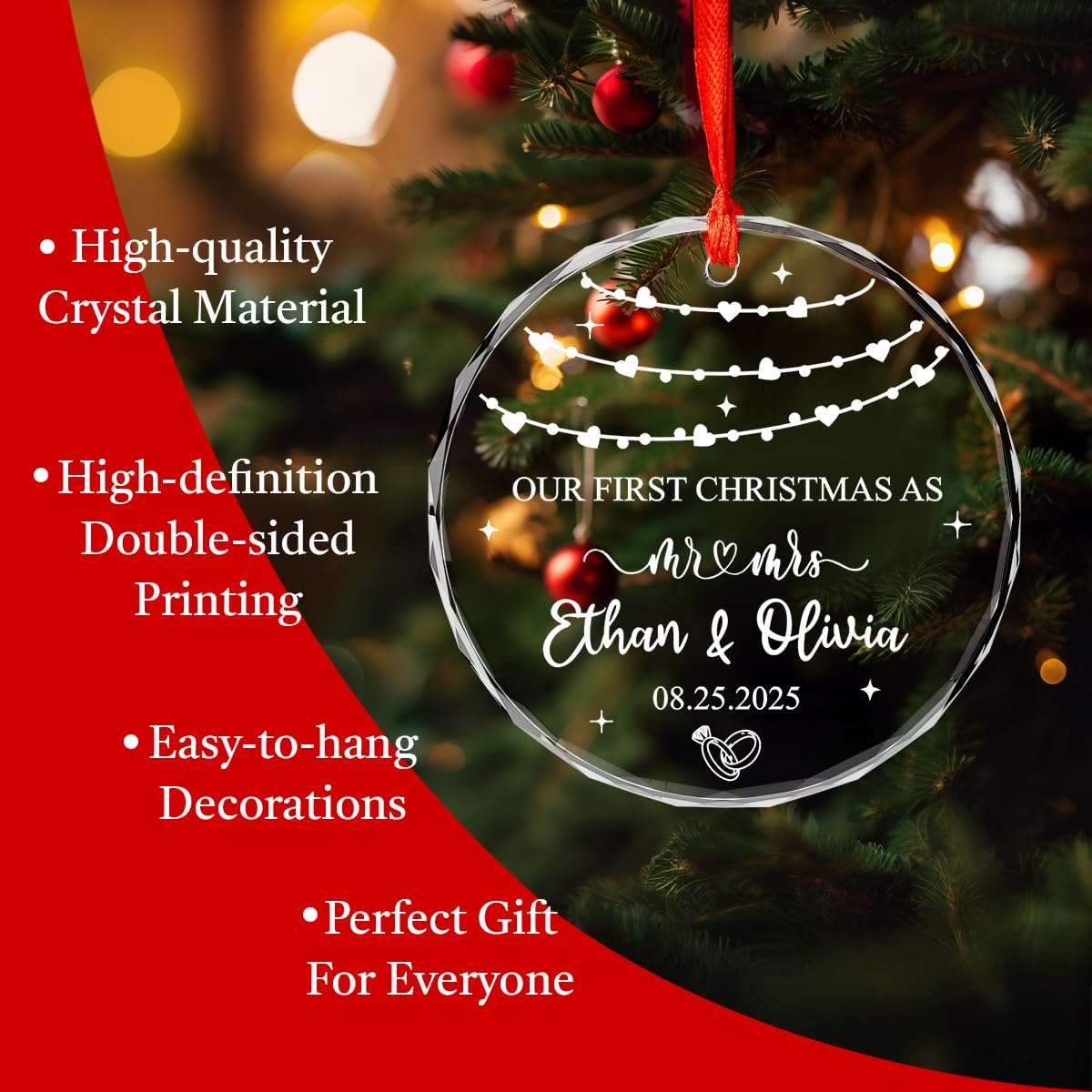 Personalized Christmas Ornaments with Names, Couple Glass Ornament, Custom Wedding Gifts for