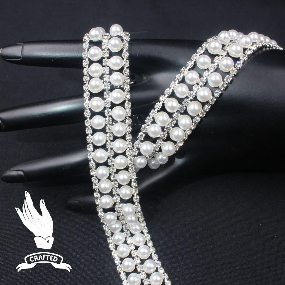 PEARLY JUN 1 Yard Pearl Rhinestone Trim Chain Silver Crystal Fringe Diamond Applique Ribbon String