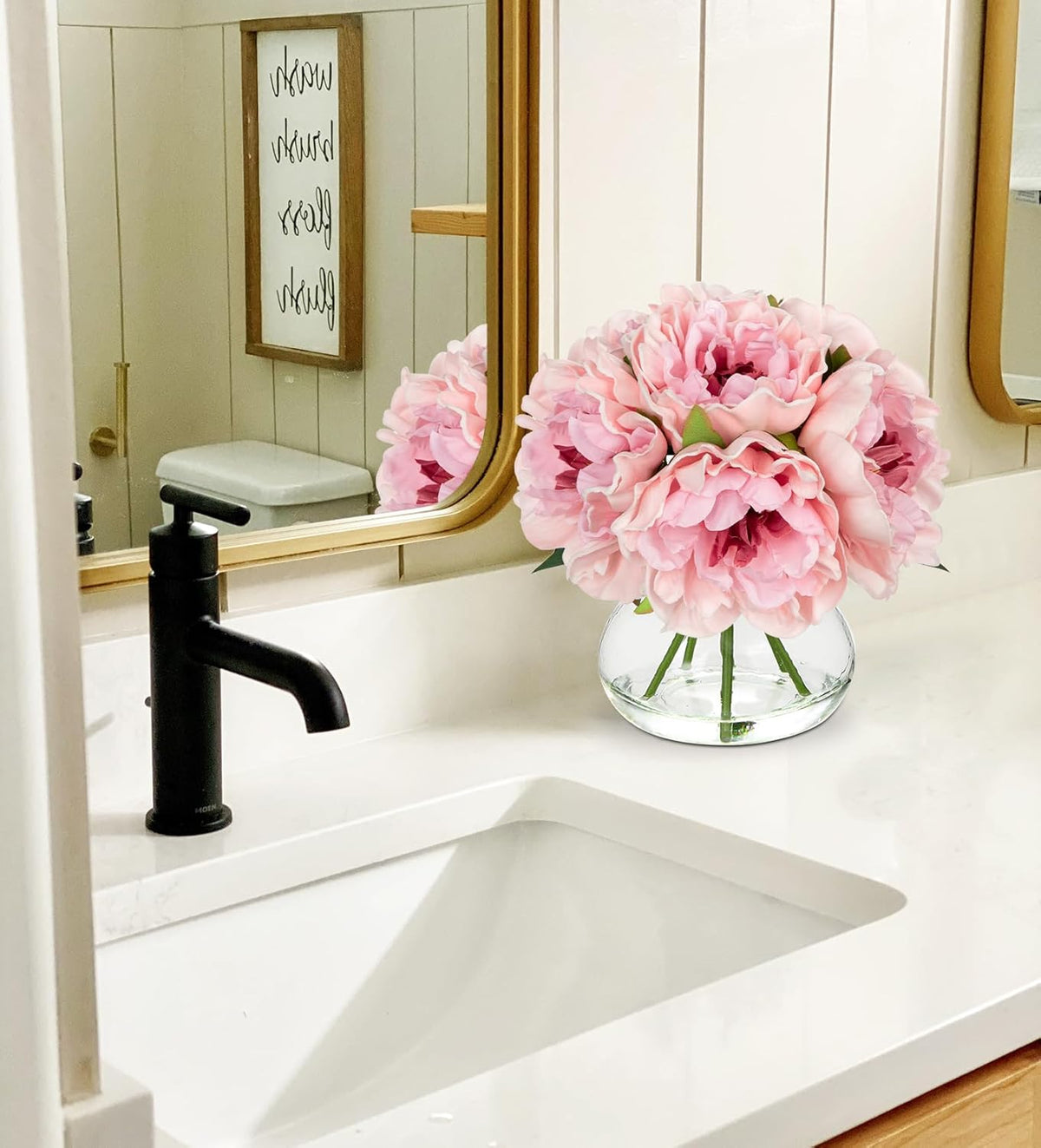 Hollyone Light Pink Peonies Artificial Flowers with Vase Faux Flowers Peony Fake Flowers Silk