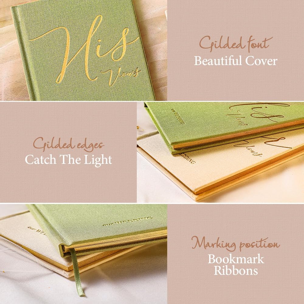 Vow Books His and Hers 2 Pack - 6 x 4 Inch Linen Hardcover Wedding Vow Books with Gold Foil