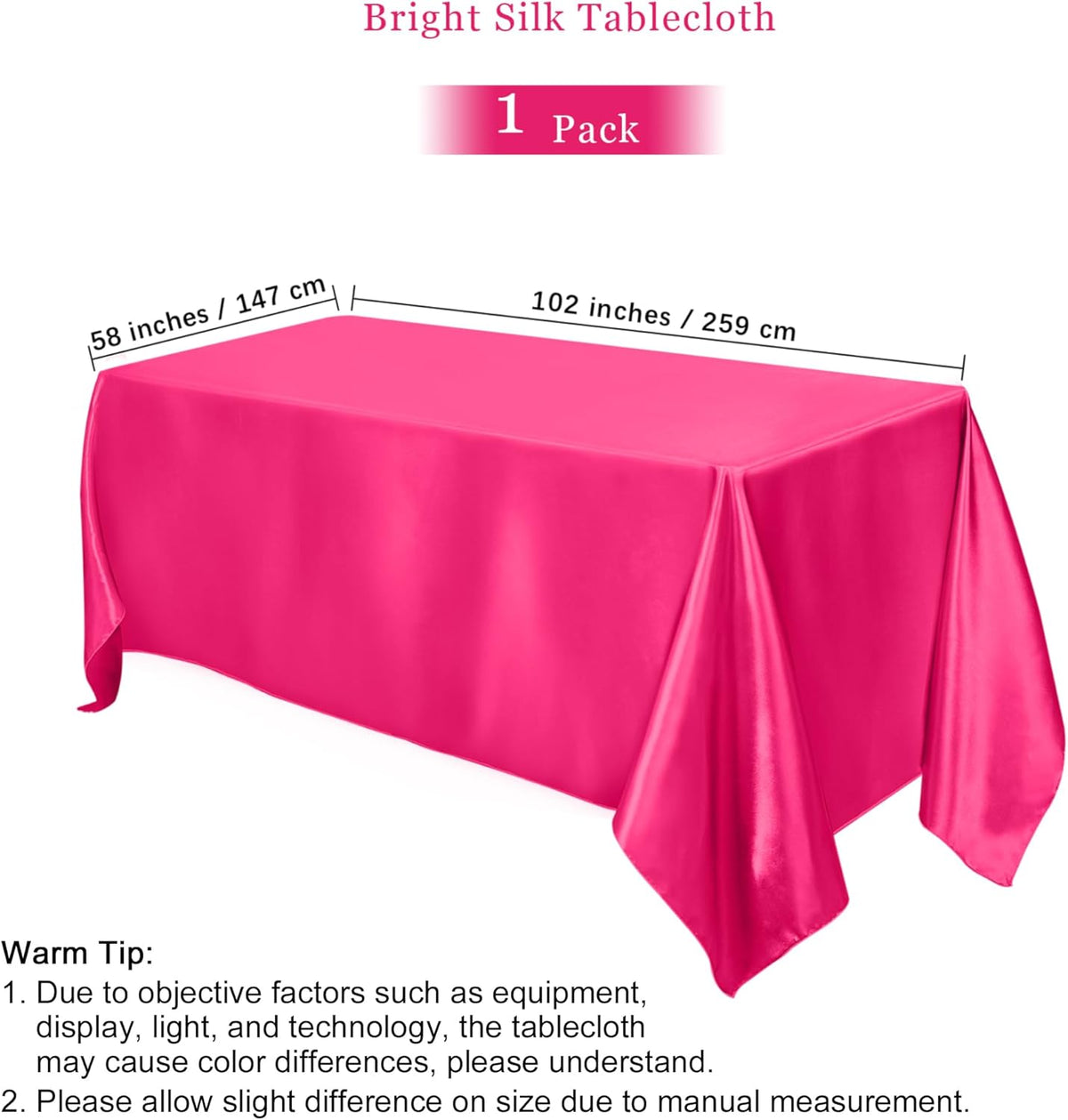 TURSTIN 1 Pack Hot Pink Satin Tablecloth 102 x 58 Inch Overlay Satin Table Cover Rectangle Bright