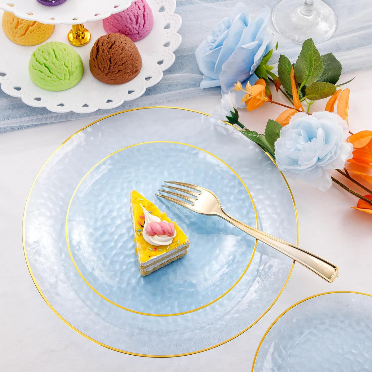 Rubtlamp 175 Pcs Plastic Dinnerware Set (25 Guests), Blue Disposable Plates With Gold Rim, Hammered