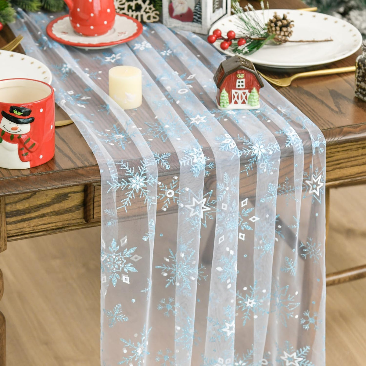 Artoid Mode Blue Snowflakes Merry Christmas Gauze Table Runner 120 Inch 10FT, Winter Seasonal Sheer