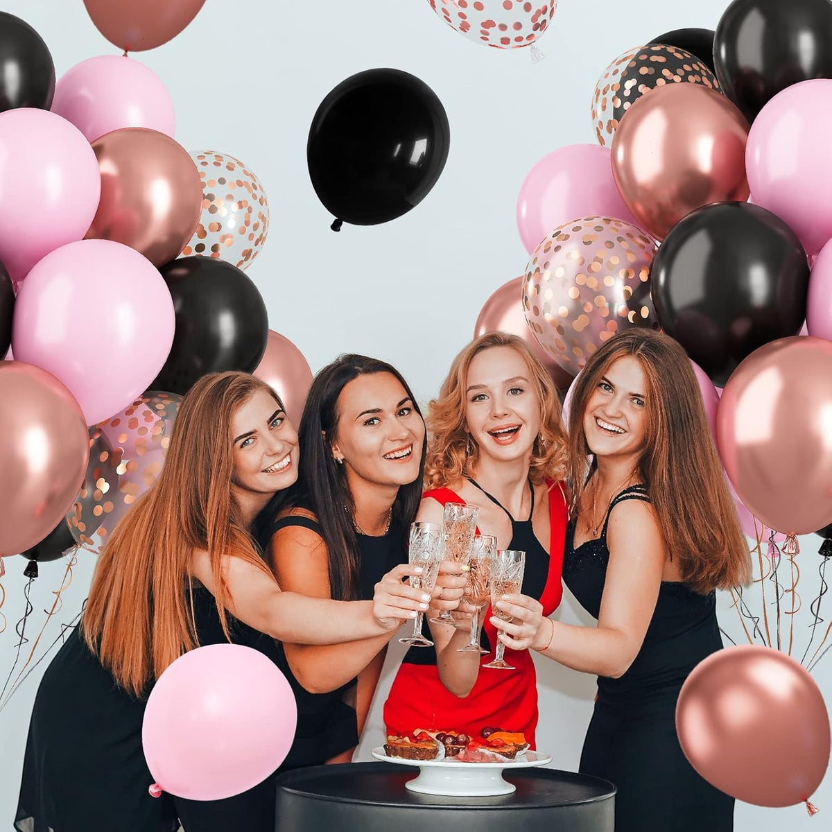 Paready Black Pink Latex Balloons, 60 Pcs 12 Inch Metallic Rose Gold and Confetti Balloons for