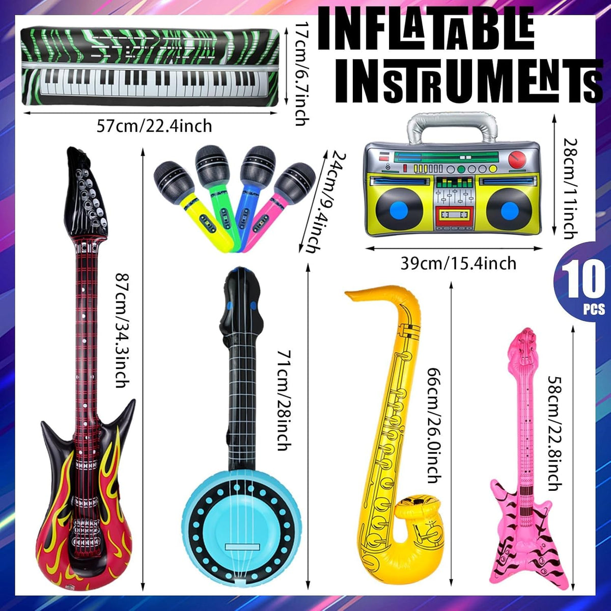 10 Pieces Inflatable Instruments Party Props Set Photo Booth Props Inflatable Guitar Saxophone Bass