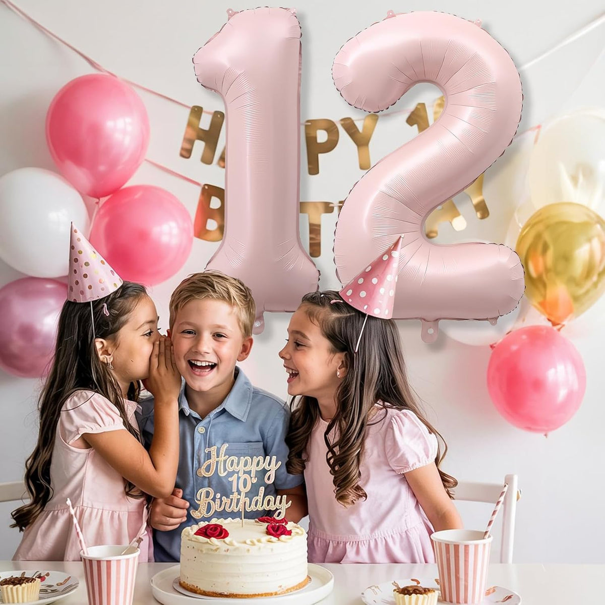 Pastel Pink 12 Balloons Number for Girls, 40'' Self Inflating Number 12 Balloon, Big Light Blush