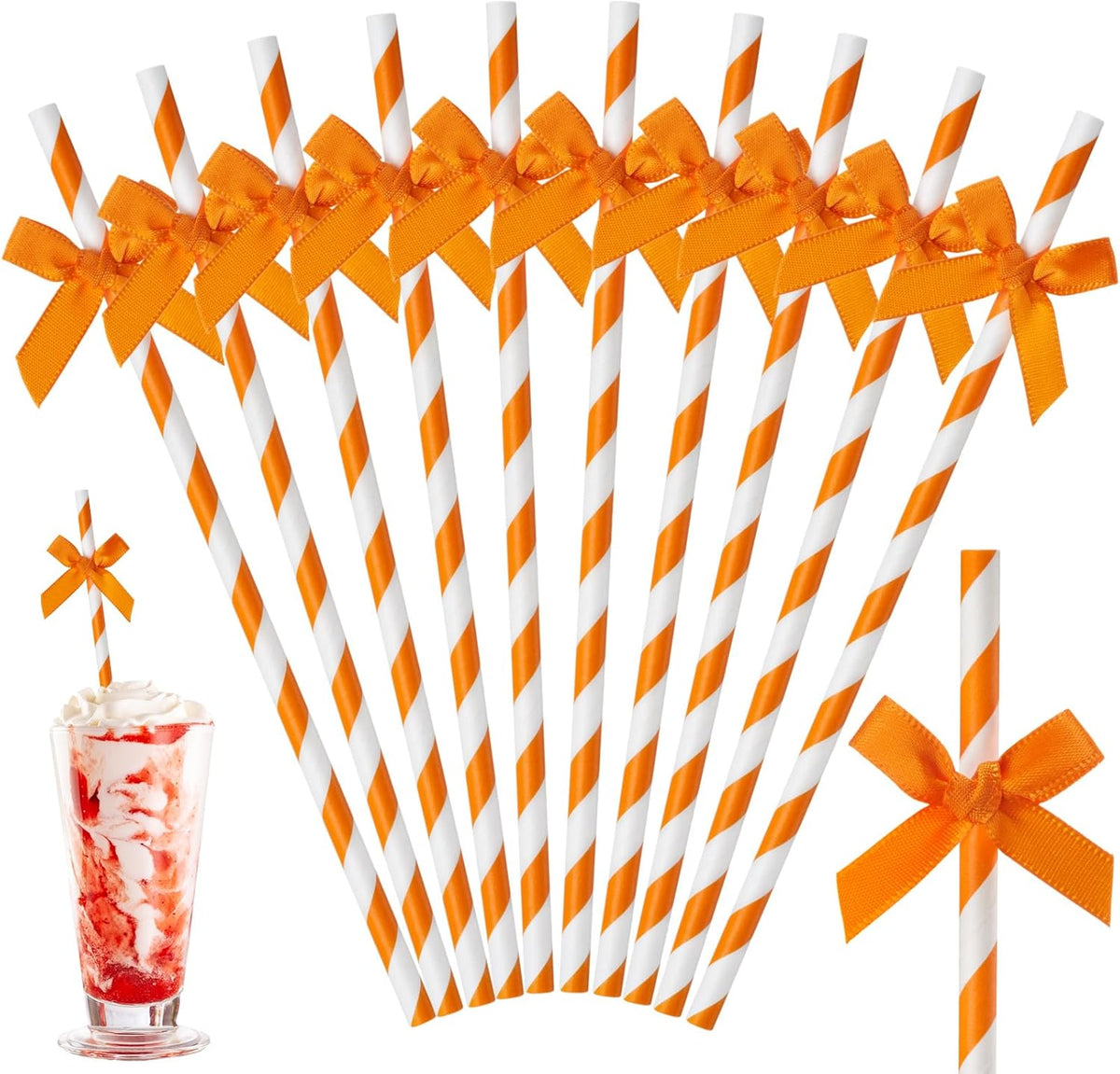 50 Pcs Fall Orange Paper Bow Straws for Drinking, Halloween Disposable Striped Paper Straws Bulk