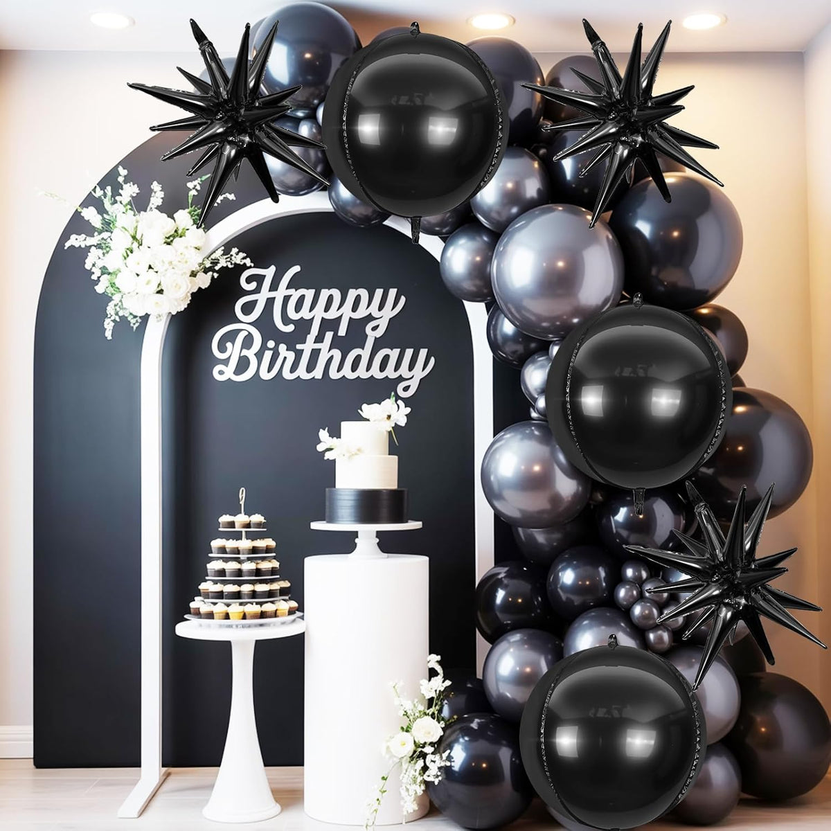 6Pcs Black Foil Balloons,22Inch Black 4D Round Ball Balloon and Explosion Star Balloon for Birthday