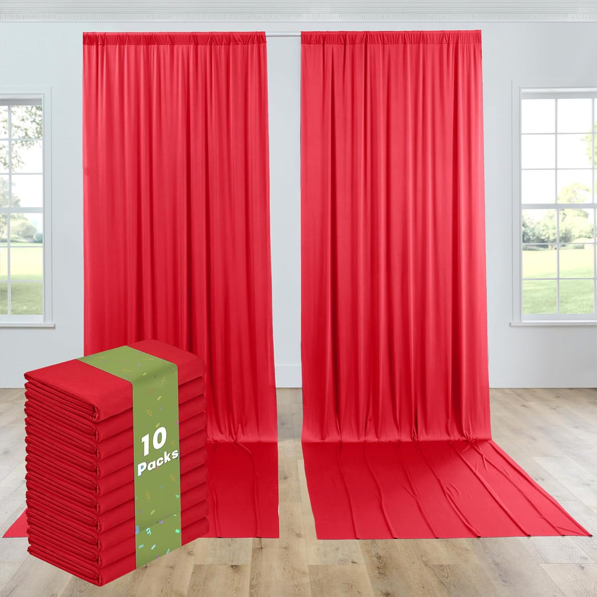 PartyVillage 50ft×15ft Red Backdrop Curtain for Wedding Parties, 10 Panels Wrinkle Free 15 FT Long