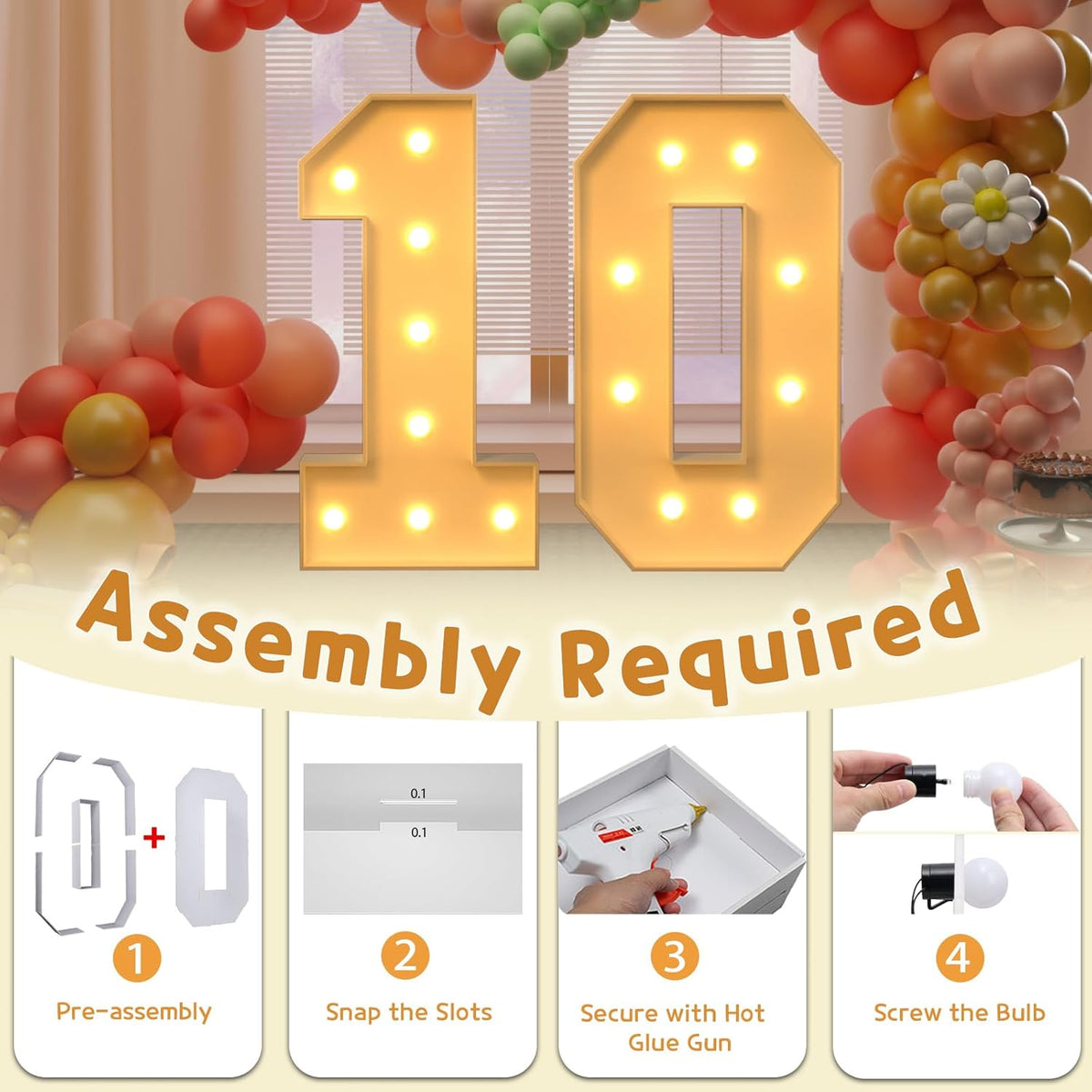 Imprsv 3FT Light Up Numbers, Marquee 10th Birthday Decorations for Girls Boys, Large Light Up 10th
