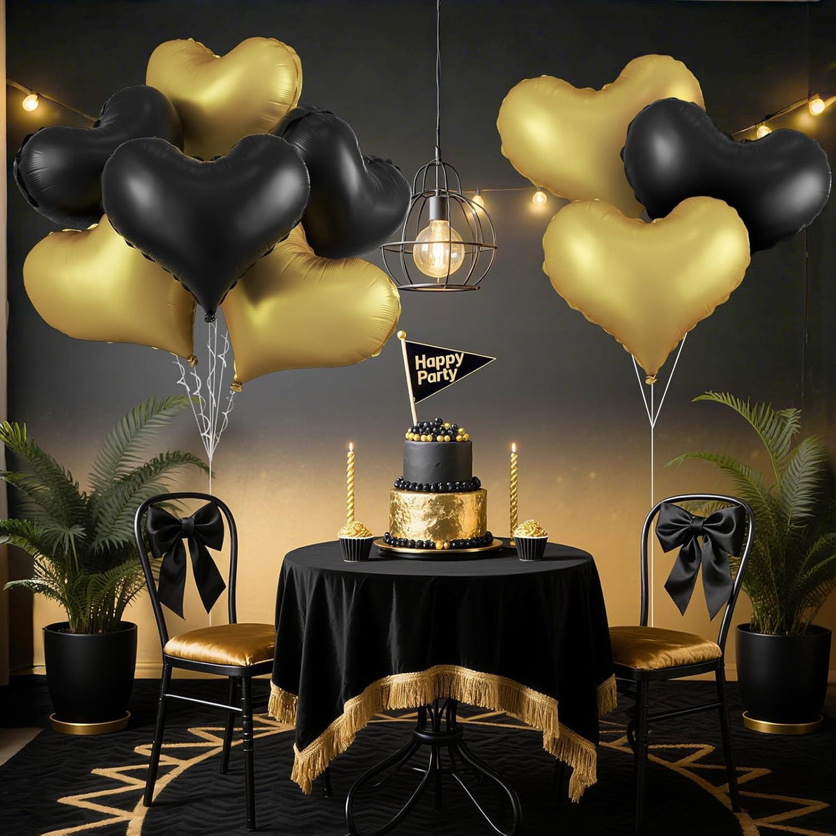 Black Gold Heart Balloons,24Inch Large Gold Black Heart Foil Balloons for Valentine's Day Birthday