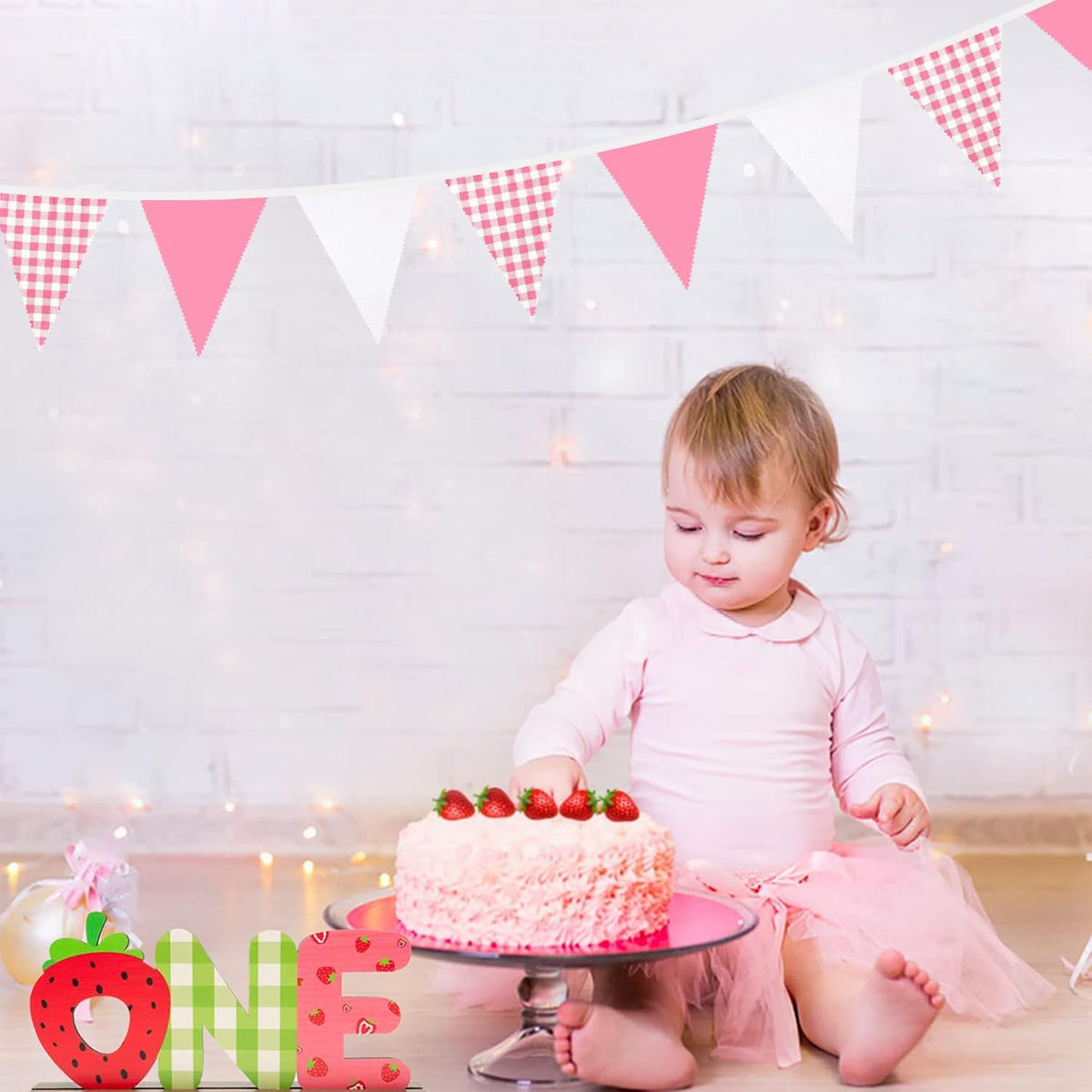 32Ft Hot Pink Plaid Checkered Pennant Banner Fabric Gingham Triangle Flag Bunting Garland Streamers